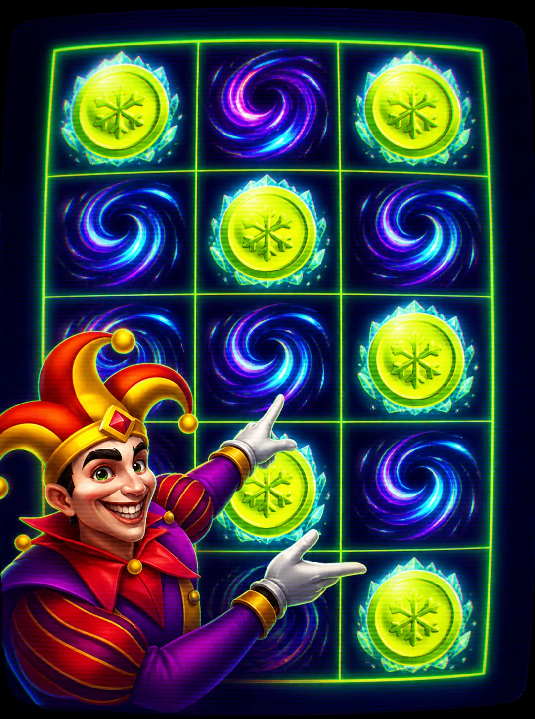 Joker señalando monedas congeladas en una cuadrícula de tres por cinco